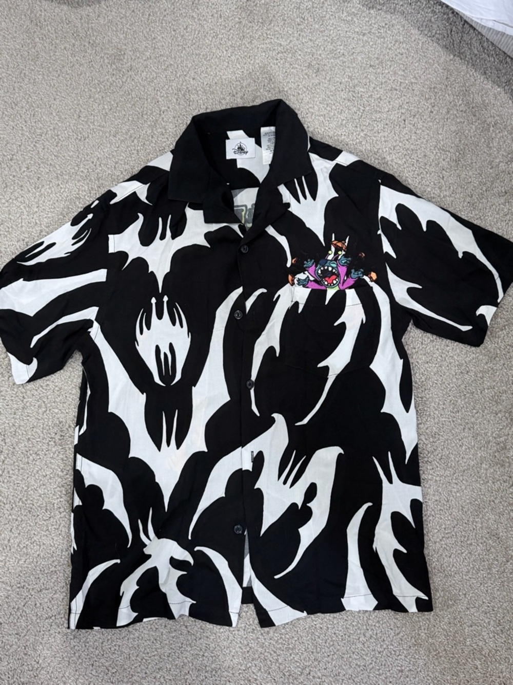 Disney Black & White Short-Sleeve Button-Down Shirt with Colorful Chest Graphic